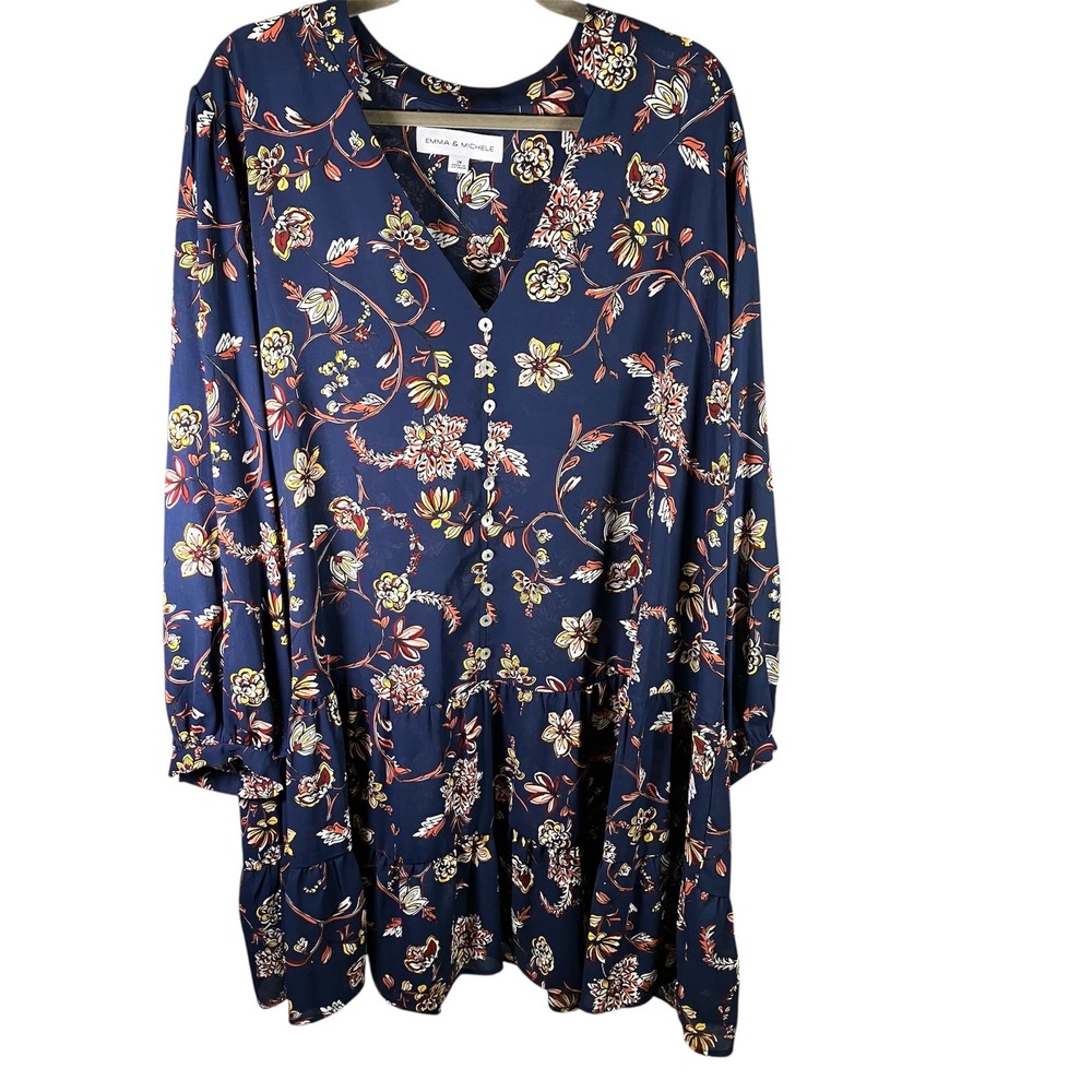 Emma & Michele Women's 3X Blue Floral Long Sleeve Button Down Tiered Dress New